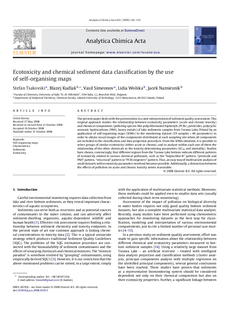 Ecotoxicity and chemical sediment data classification by the use of self-organising maps