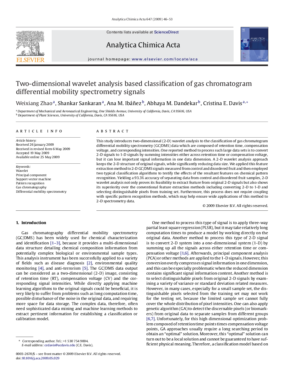 Two-dimensional wavelet analysis based classification of gas chromatogram differential mobility spectrometry signals