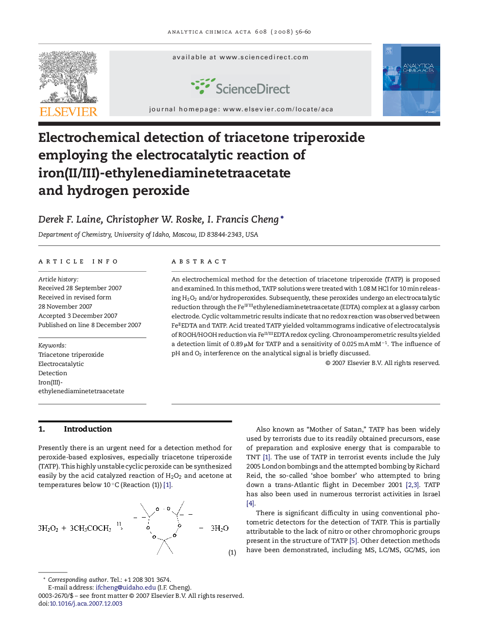 Electrochemical detection of triacetone triperoxide employing the electrocatalytic reaction of iron(II/III)-ethylenediaminetetraacetate and hydrogen peroxide