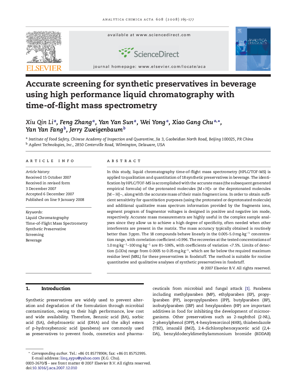 Accurate screening for synthetic preservatives in beverage using high performance liquid chromatography with time-of-flight mass spectrometry