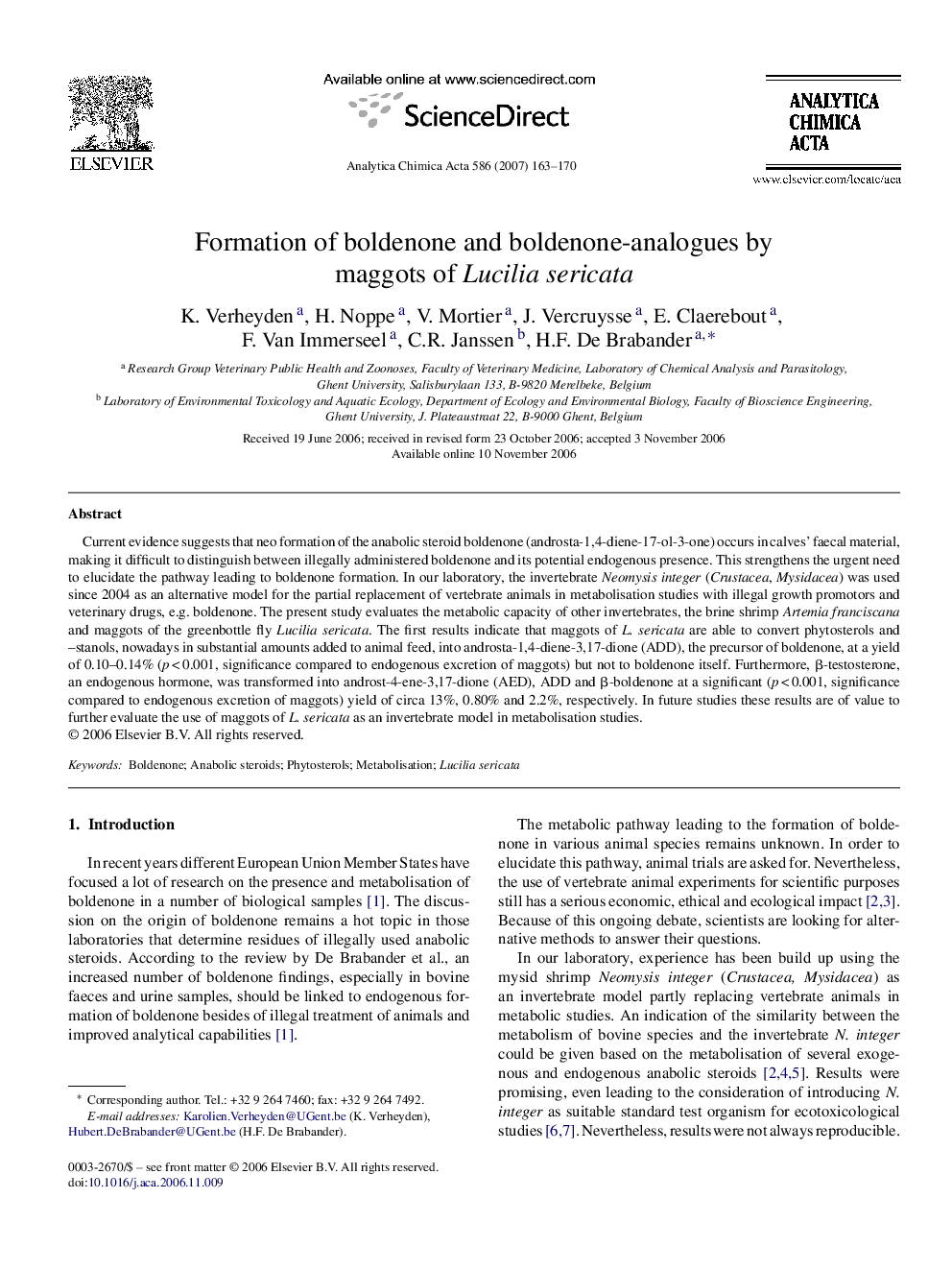 Formation of boldenone and boldenone-analogues by maggots of Lucilia sericata