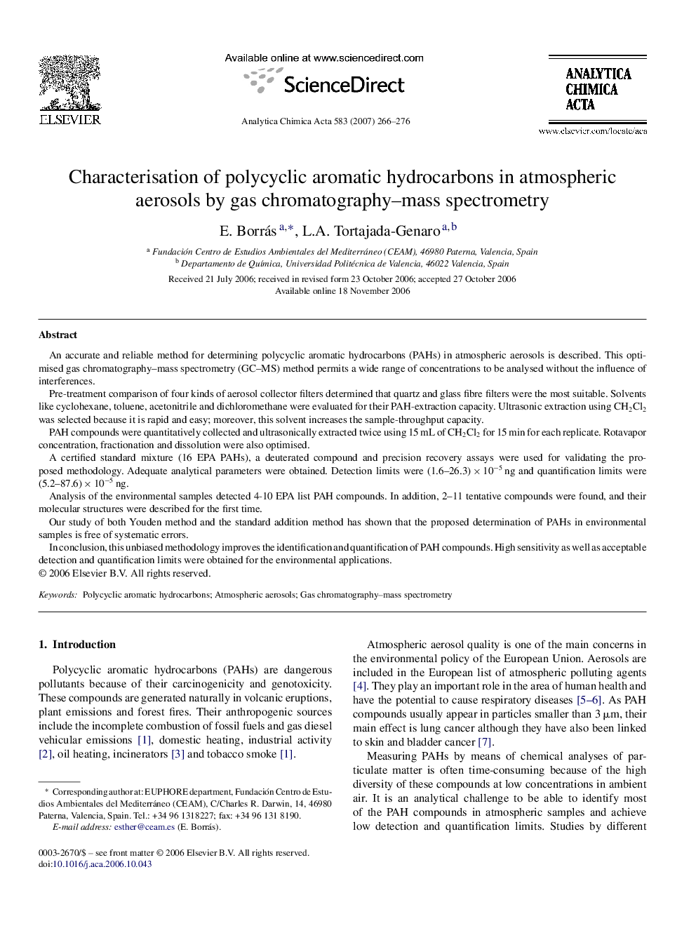 Characterisation of polycyclic aromatic hydrocarbons in atmospheric aerosols by gas chromatography–mass spectrometry