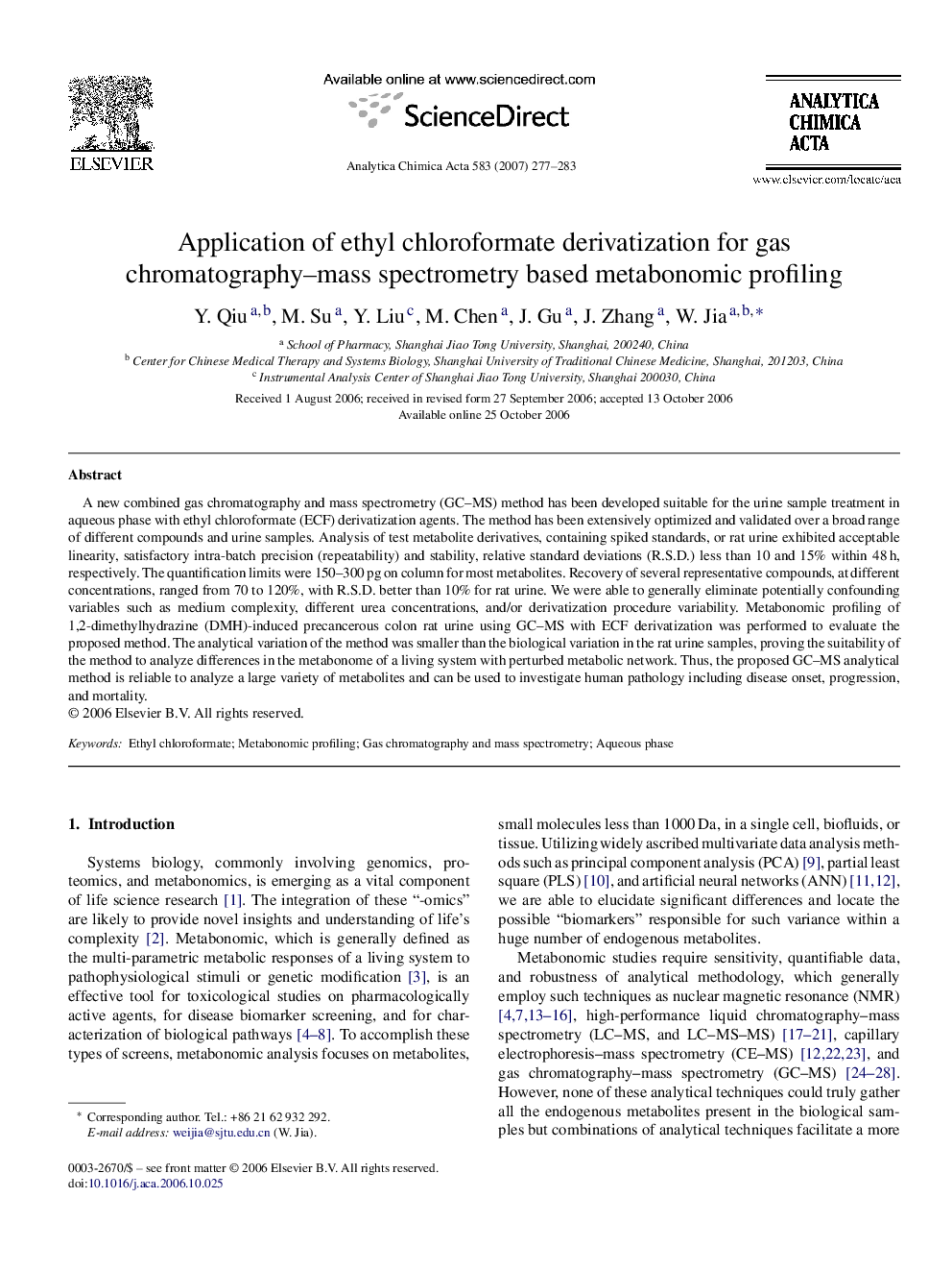 Application of ethyl chloroformate derivatization for gas chromatography–mass spectrometry based metabonomic profiling