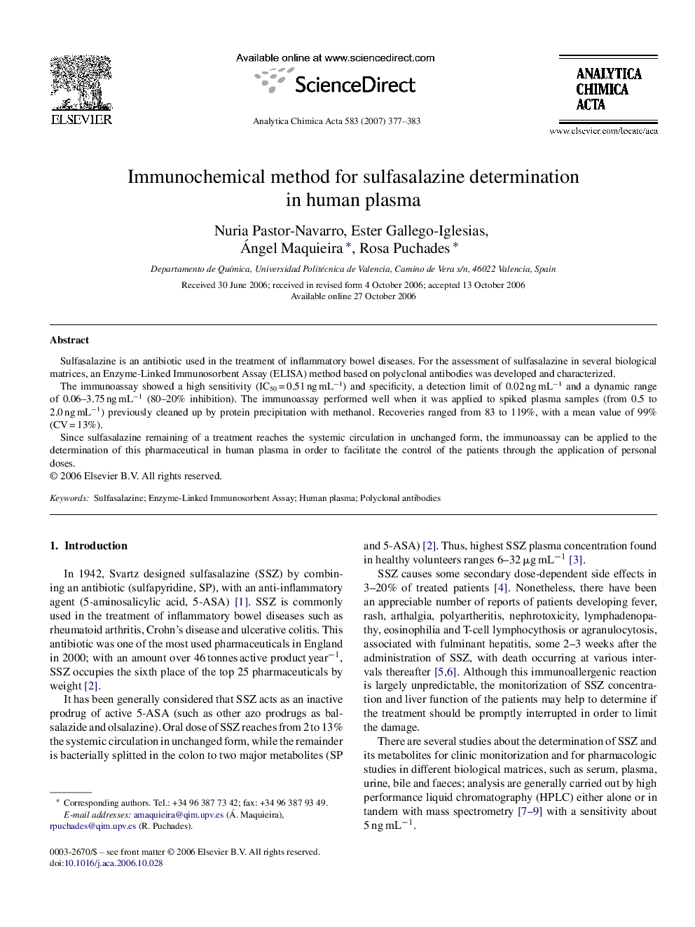 Immunochemical method for sulfasalazine determination in human plasma