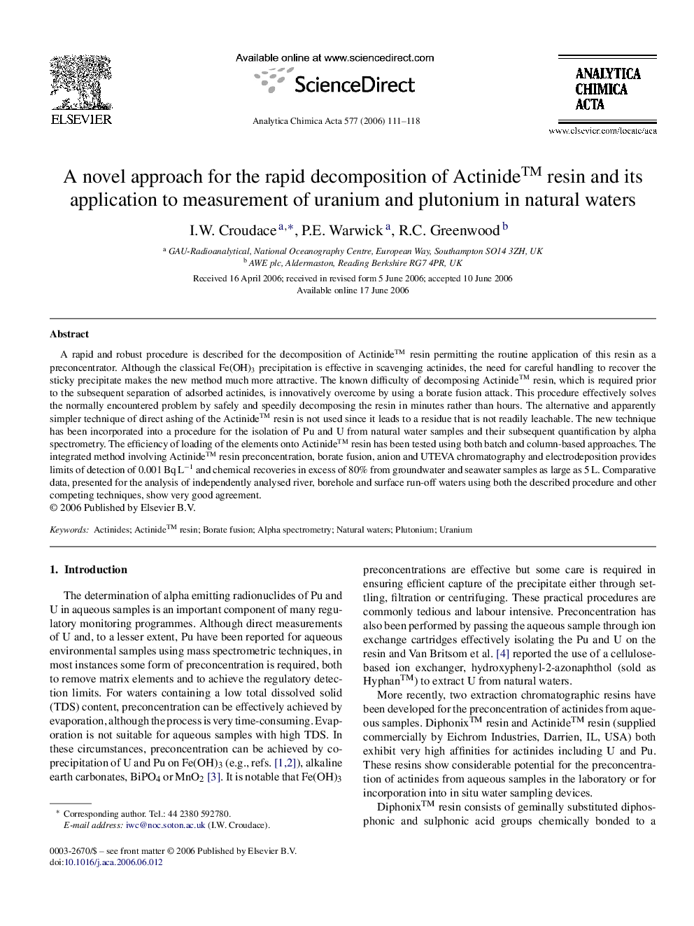 A novel approach for the rapid decomposition of Actinide™ resin and its application to measurement of uranium and plutonium in natural waters