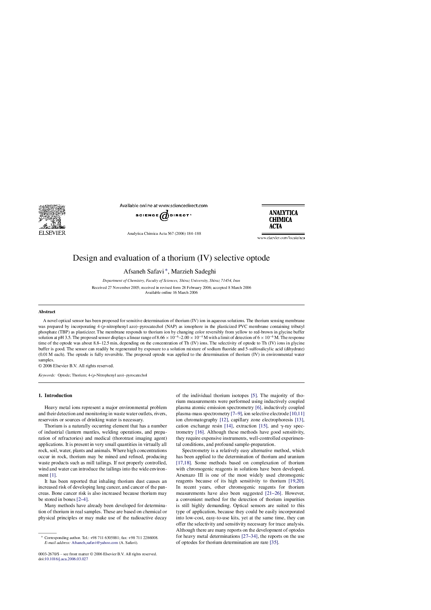 Design and evaluation of a thorium (IV) selective optode