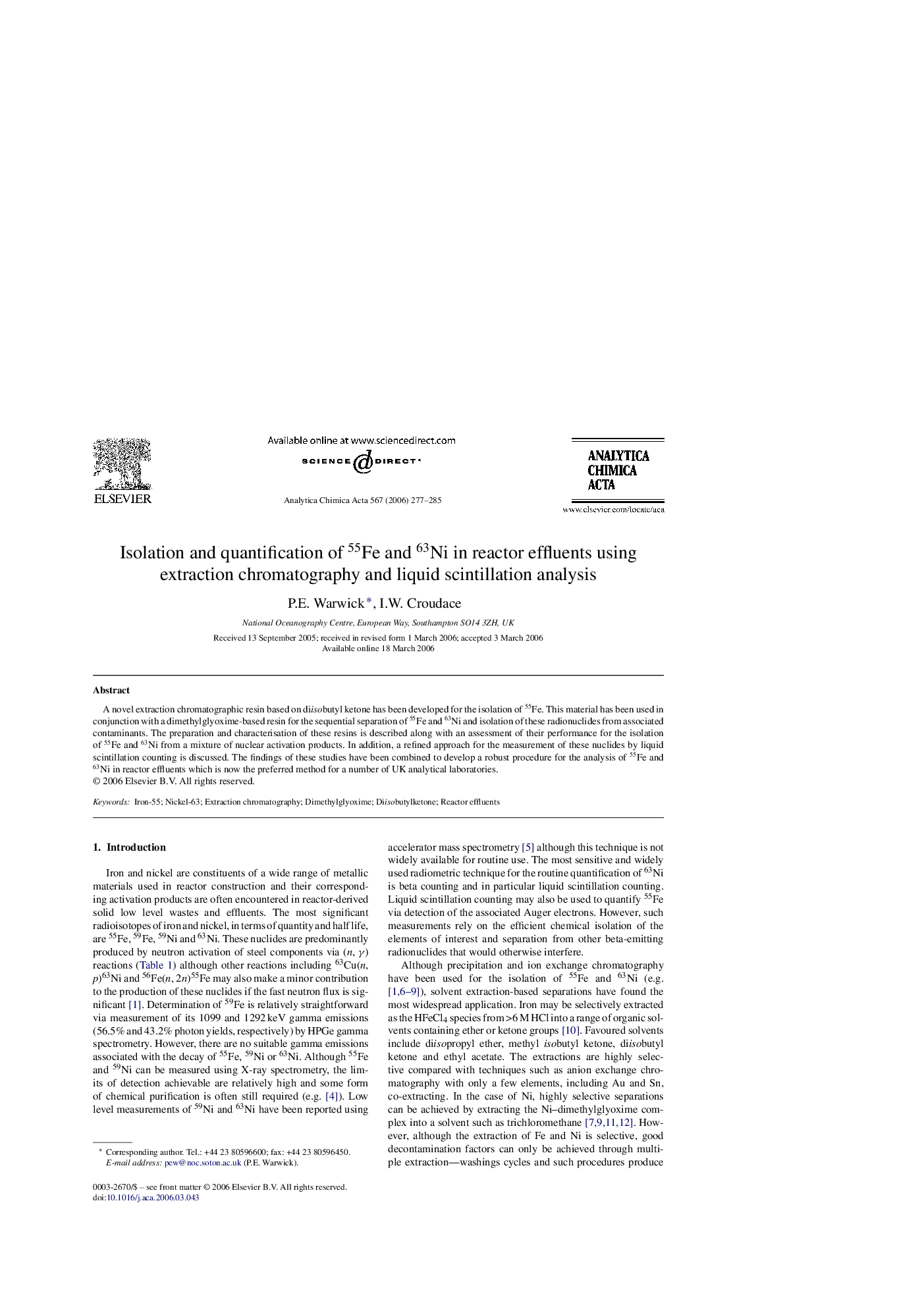 Isolation and quantification of 55Fe and 63Ni in reactor effluents using extraction chromatography and liquid scintillation analysis