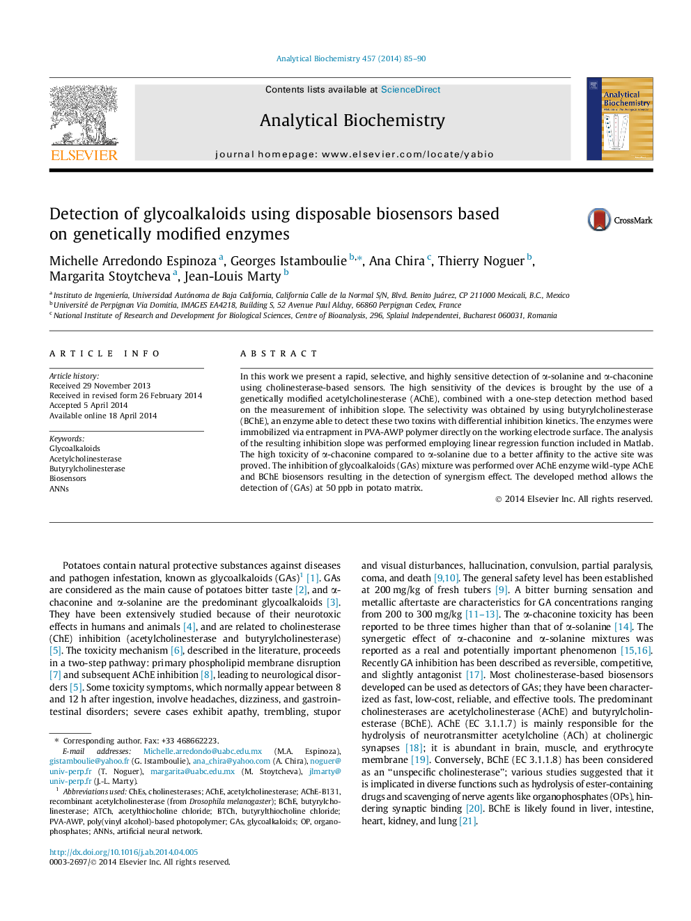 Detection of glycoalkaloids using disposable biosensors based on genetically modified enzymes