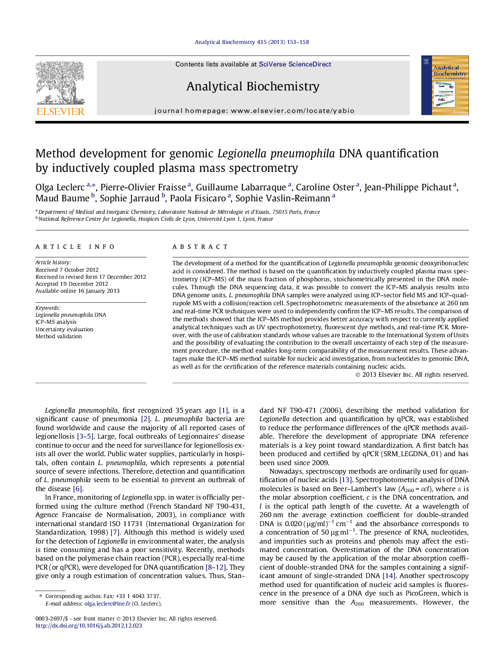 Method development for genomic Legionella pneumophila DNA quantification by inductively coupled plasma mass spectrometry