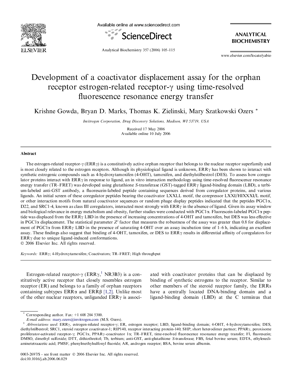 Development of a coactivator displacement assay for the orphan receptor estrogen-related receptor-γ using time-resolved fluorescence resonance energy transfer