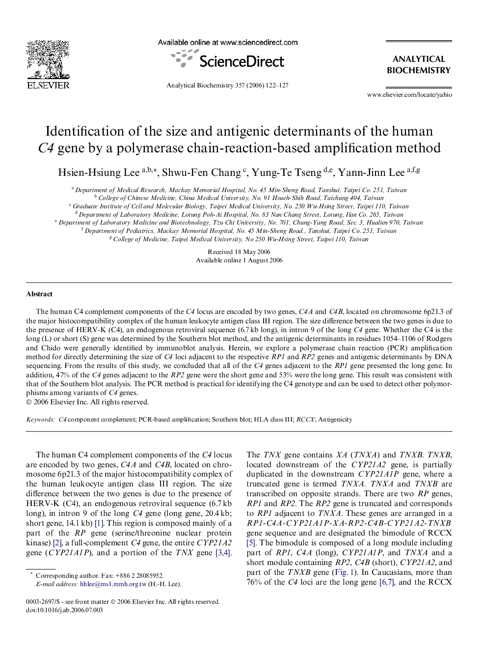 Identification of the size and antigenic determinants of the human C4 gene by a polymerase chain-reaction-based amplification method