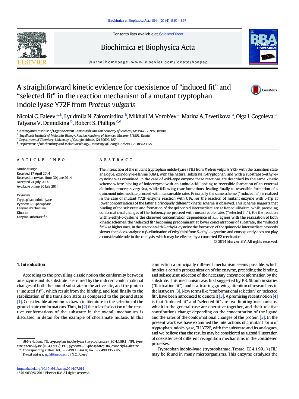 A straightforward kinetic evidence for coexistence of “induced fit” and “selected fit” in the reaction mechanism of a mutant tryptophan indole lyase Y72F from Proteus vulgaris