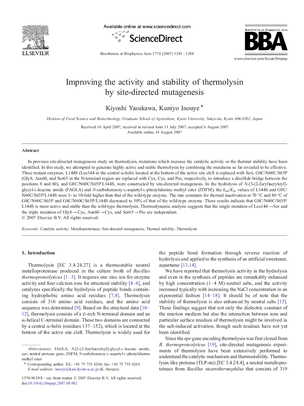 Improving the activity and stability of thermolysin by site-directed mutagenesis