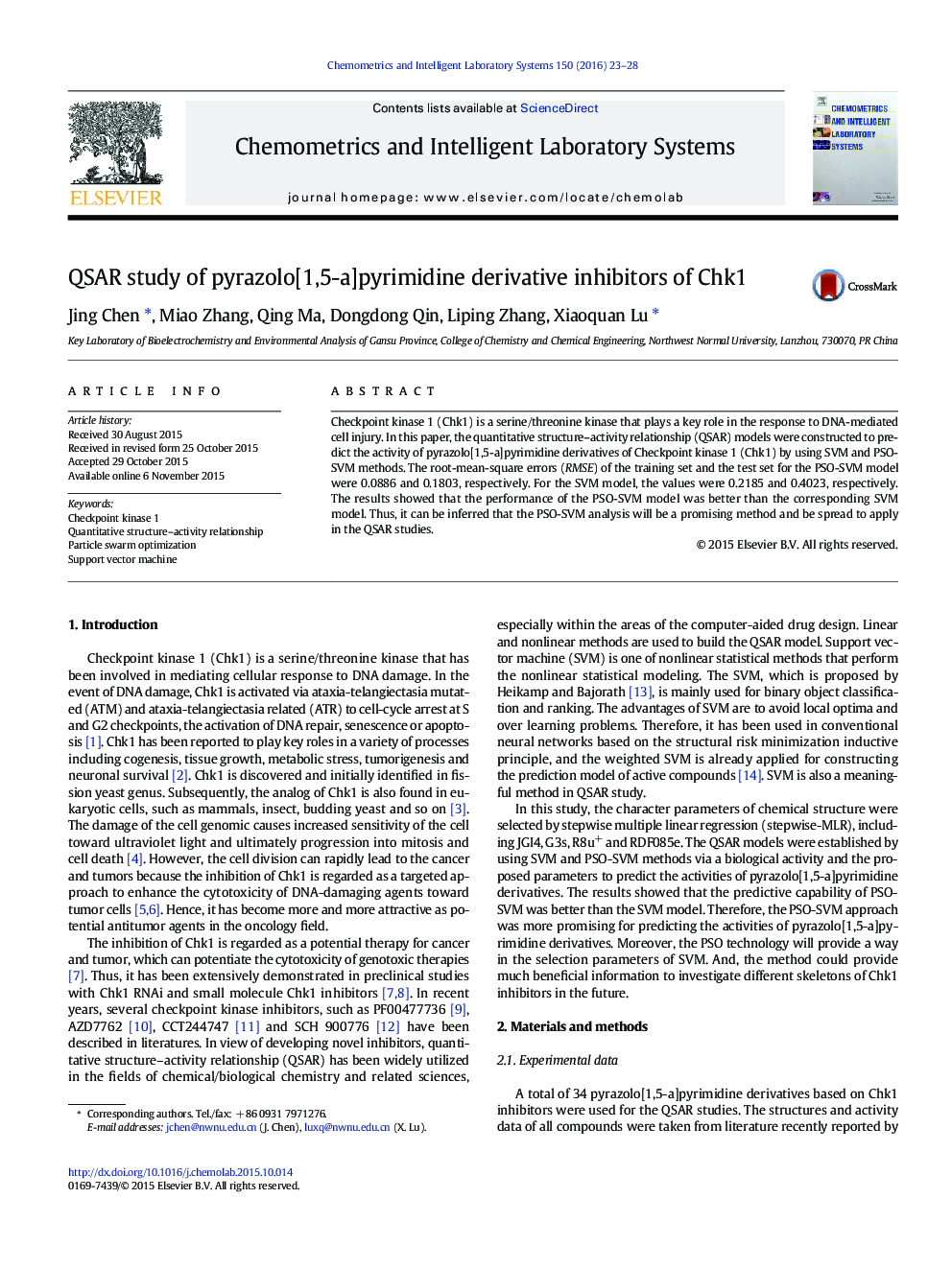 QSAR study of pyrazolo[1,5-a]pyrimidine derivative inhibitors of Chk1