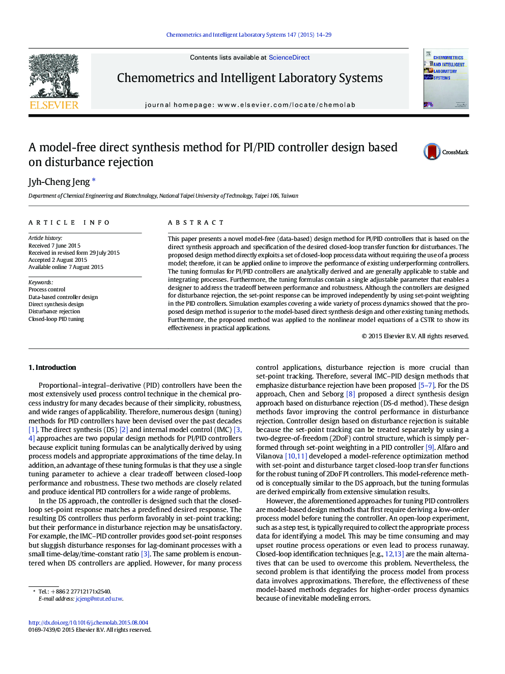 A model-free direct synthesis method for PI/PID controller design based on disturbance rejection