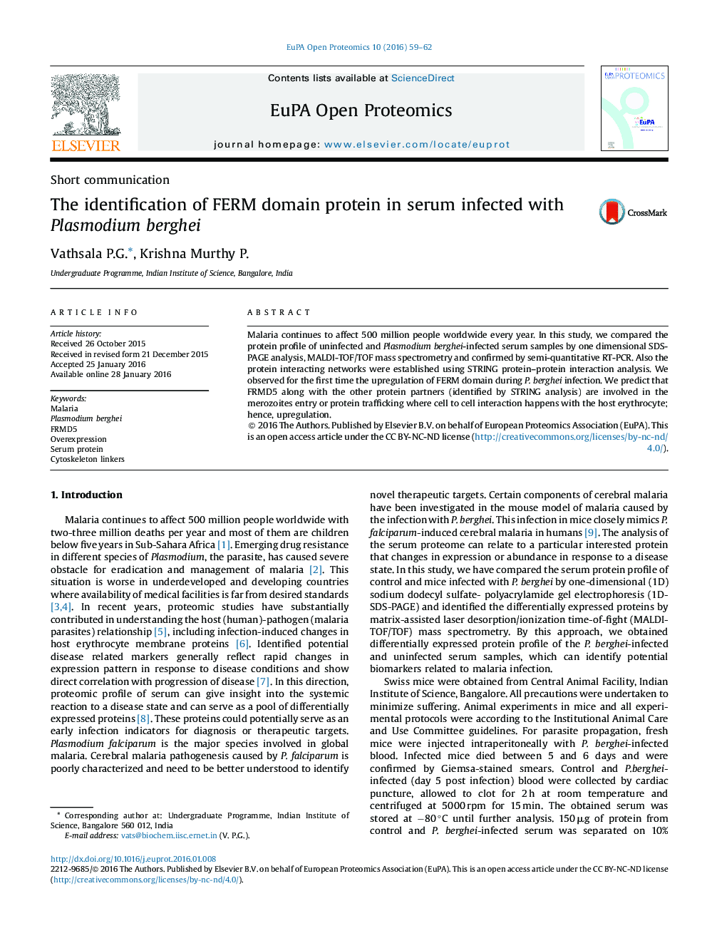 شناسایی پروتئین دامنه FERM در سرم آلوده به پلاسمودیوم berghei