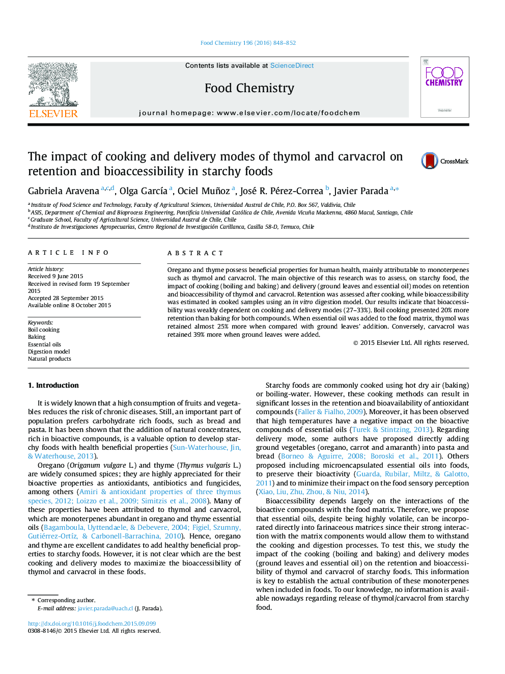 تأثیر حالت های پخت و پز و تحویل تیمول و کارواکرول بر حفظ و قابلیت دسترسی به غذا در غذاهای نشاسته ای 
