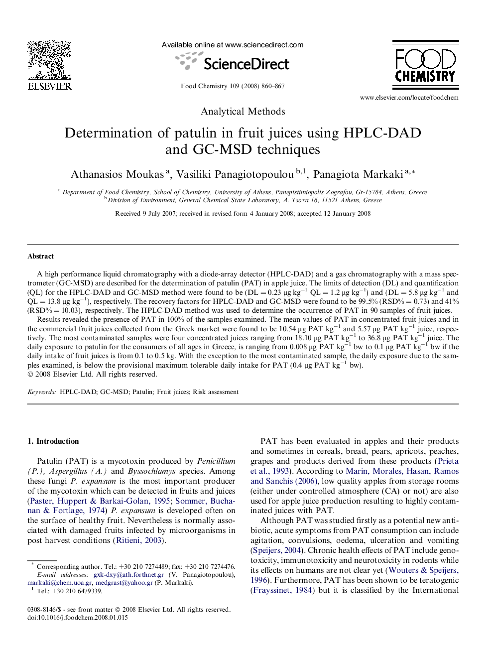 Determination of patulin in fruit juices using HPLC-DAD and GC-MSD techniques