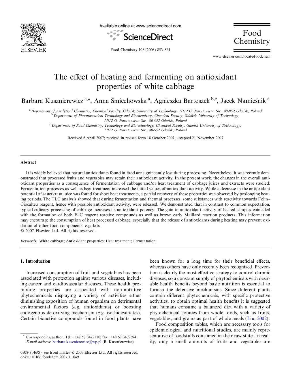 The effect of heating and fermenting on antioxidant properties of white cabbage