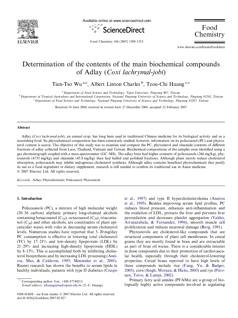 Determination of the contents of the main biochemical compounds of Adlay (Coxi lachrymal-jobi)