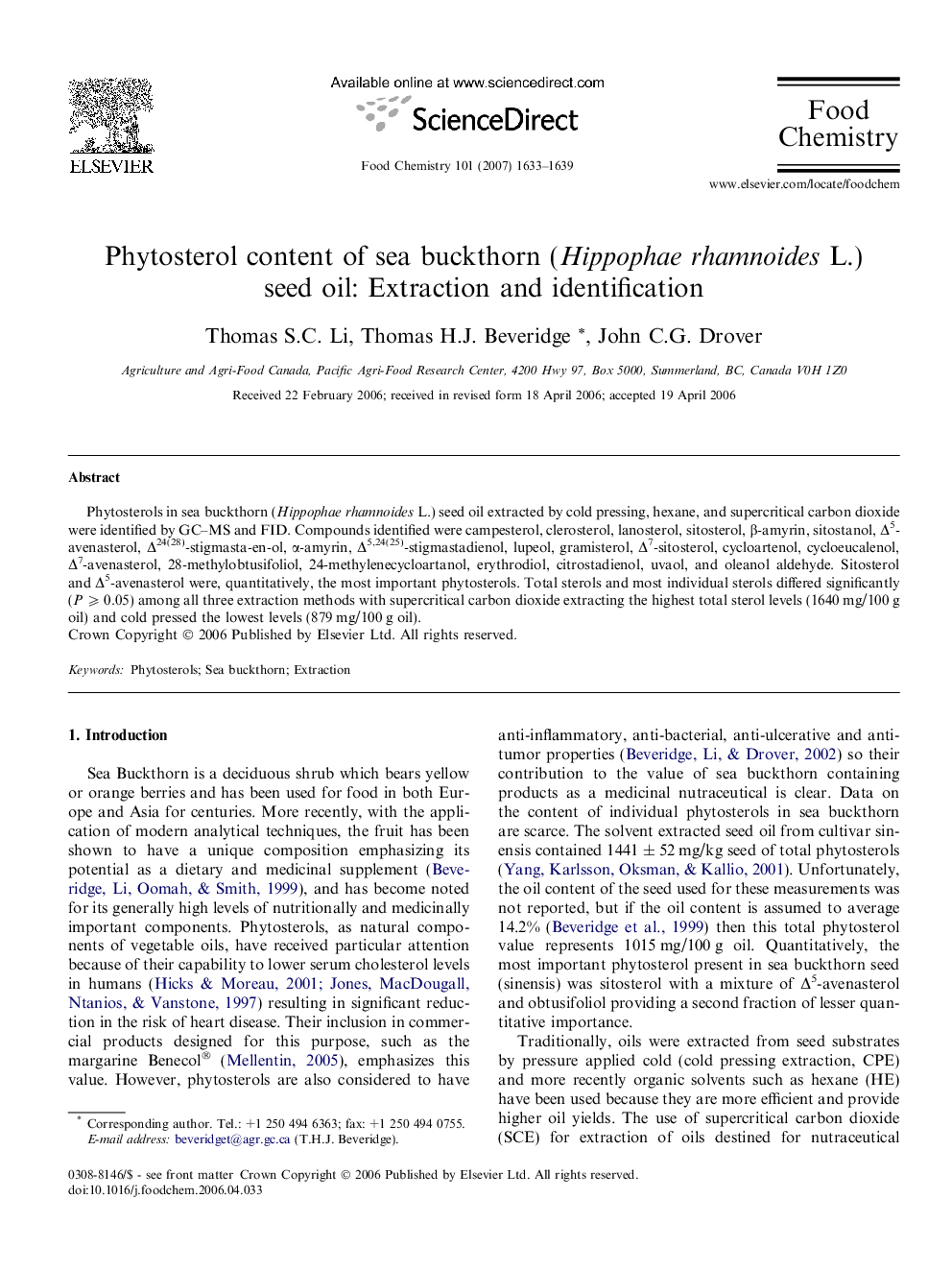 Phytosterol content of sea buckthorn (Hippophae rhamnoides L.) seed oil: Extraction and identification