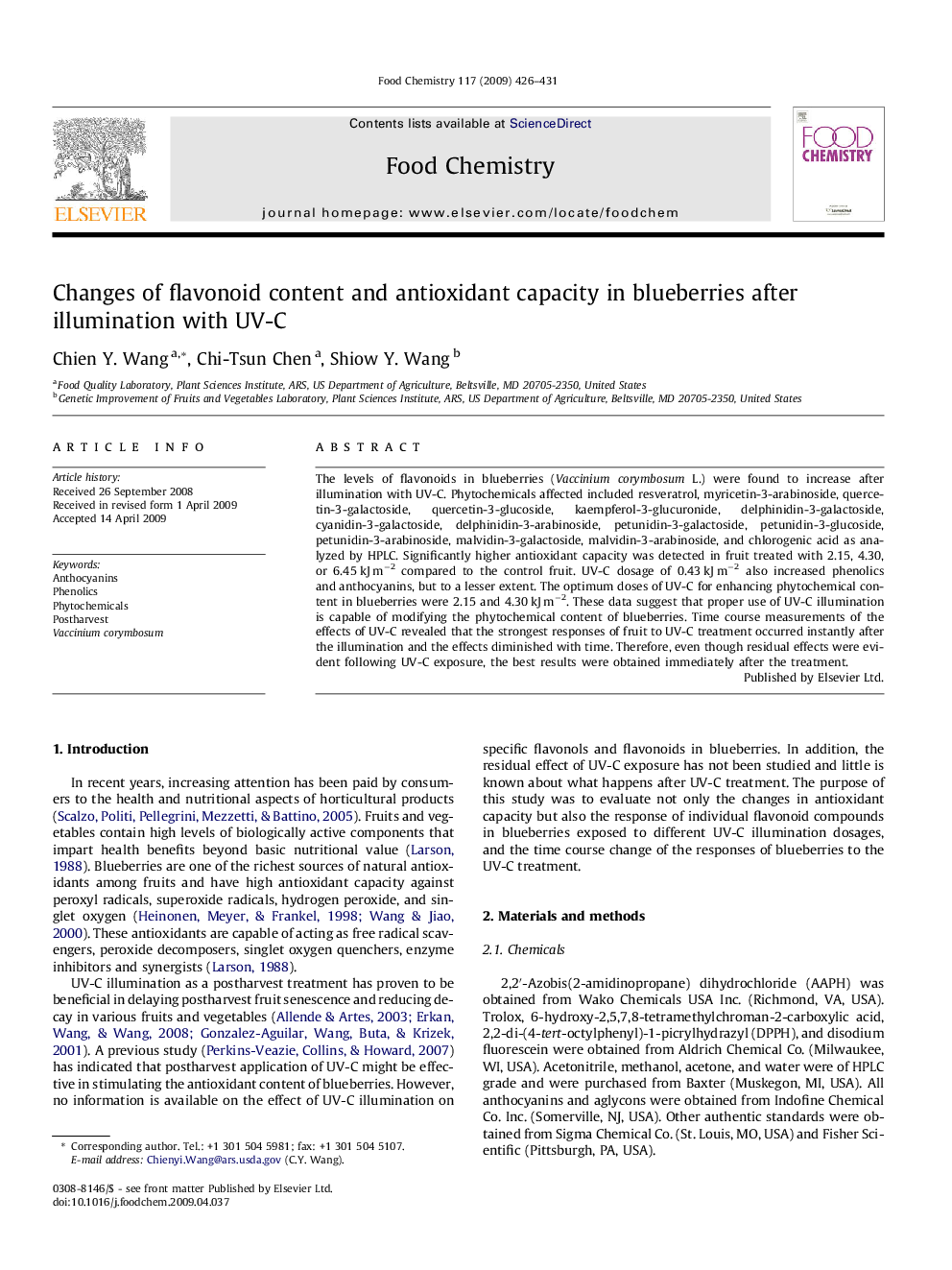 Changes of flavonoid content and antioxidant capacity in blueberries after illumination with UV-C