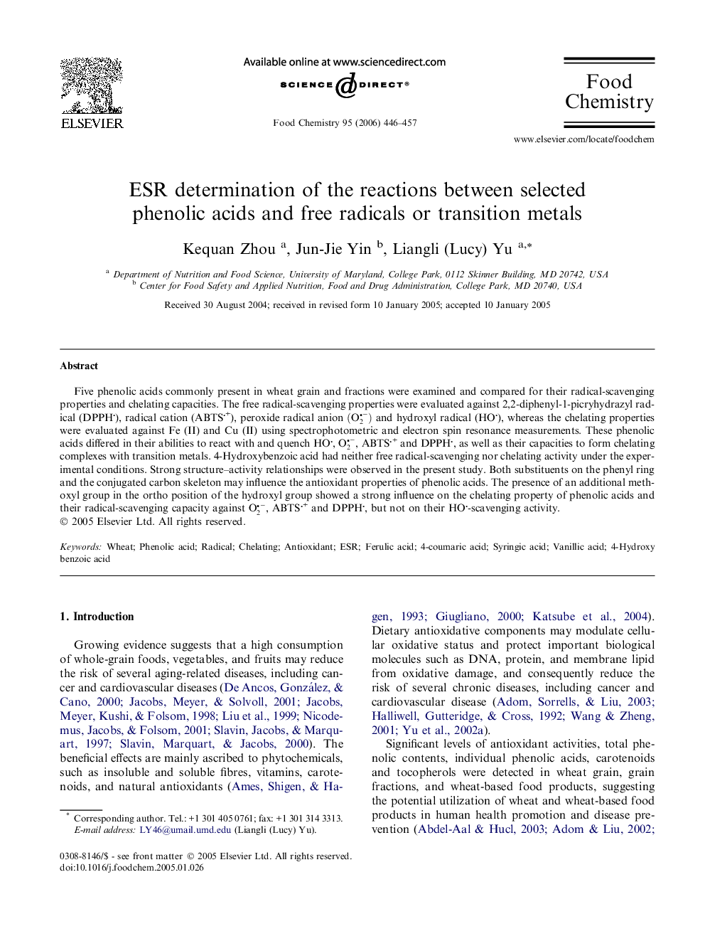 ESR determination of the reactions between selected phenolic acids and free radicals or transition metals