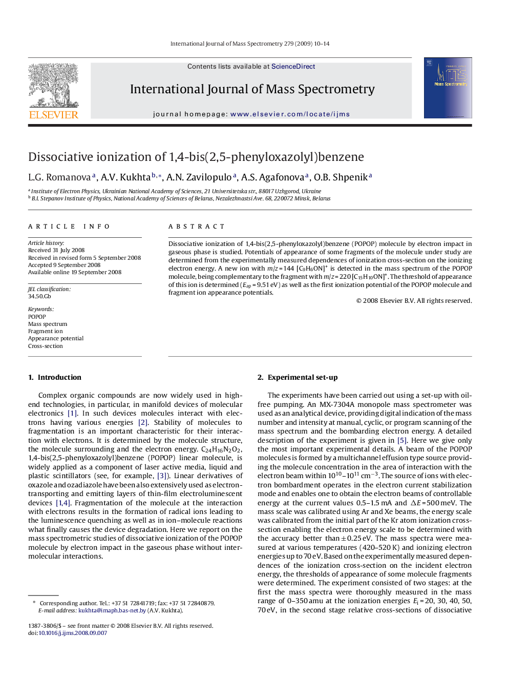 Dissociative ionization of 1,4-bis(2,5-phenyloxazolyl)benzene