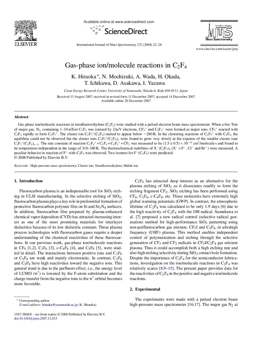 Gas-phase ion/molecule reactions in C2F4