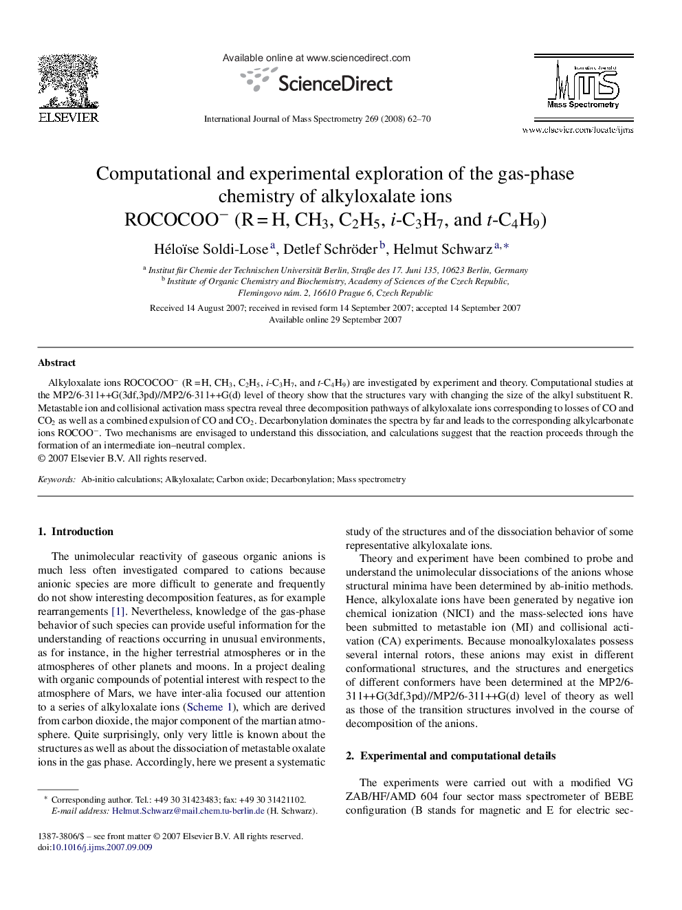 Computational and experimental exploration of the gas-phase chemistry of alkyloxalate ions ROCOCOOâ (RÂ =Â H, CH3, C2H5, i-C3H7, and t-C4H9)