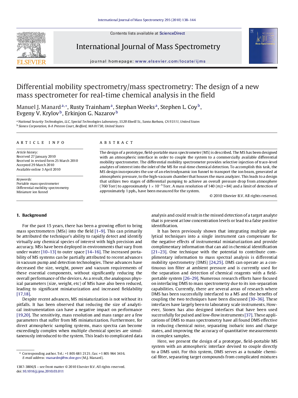 Differential mobility spectrometry/mass spectrometry: The design of a new mass spectrometer for real-time chemical analysis in the field