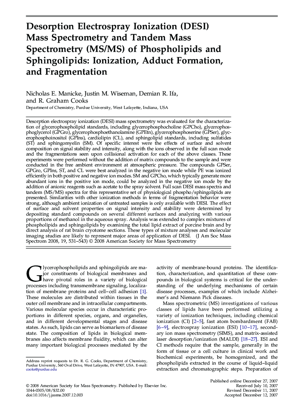 Desorption Electrospray Ionization (DESI) Mass Spectrometry and Tandem Mass Spectrometry (MS/MS) of Phospholipids and Sphingolipids: Ionization, Adduct Formation, and Fragmentation 