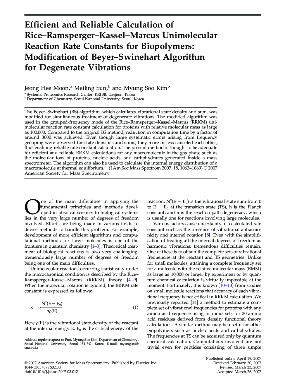 Efficient and Reliable Calculation of Rice–Ramsperger–Kassel–Marcus Unimolecular Reaction Rate Constants for Biopolymers: Modification of Beyer–Swinehart Algorithm for Degenerate Vibrations 
