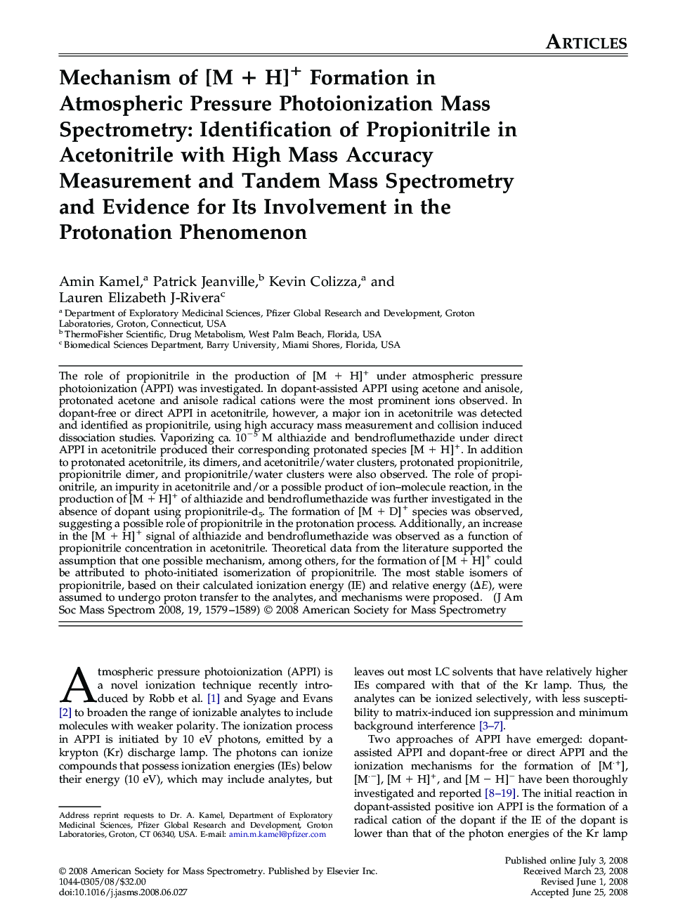 Mechanism of [M + H]+ Formation in Atmospheric Pressure Photoionization Mass Spectrometry: Identification of Propionitrile in Acetonitrile with High Mass Accuracy Measurement and Tandem Mass Spectrometry and Evidence for Its Involvement in the Protonation