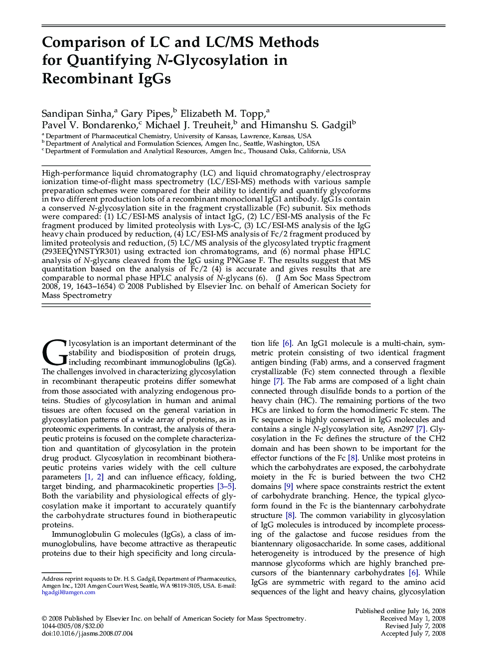 Comparison of LC and LC/MS Methods for Quantifying N-Glycosylation in Recombinant IgGs 