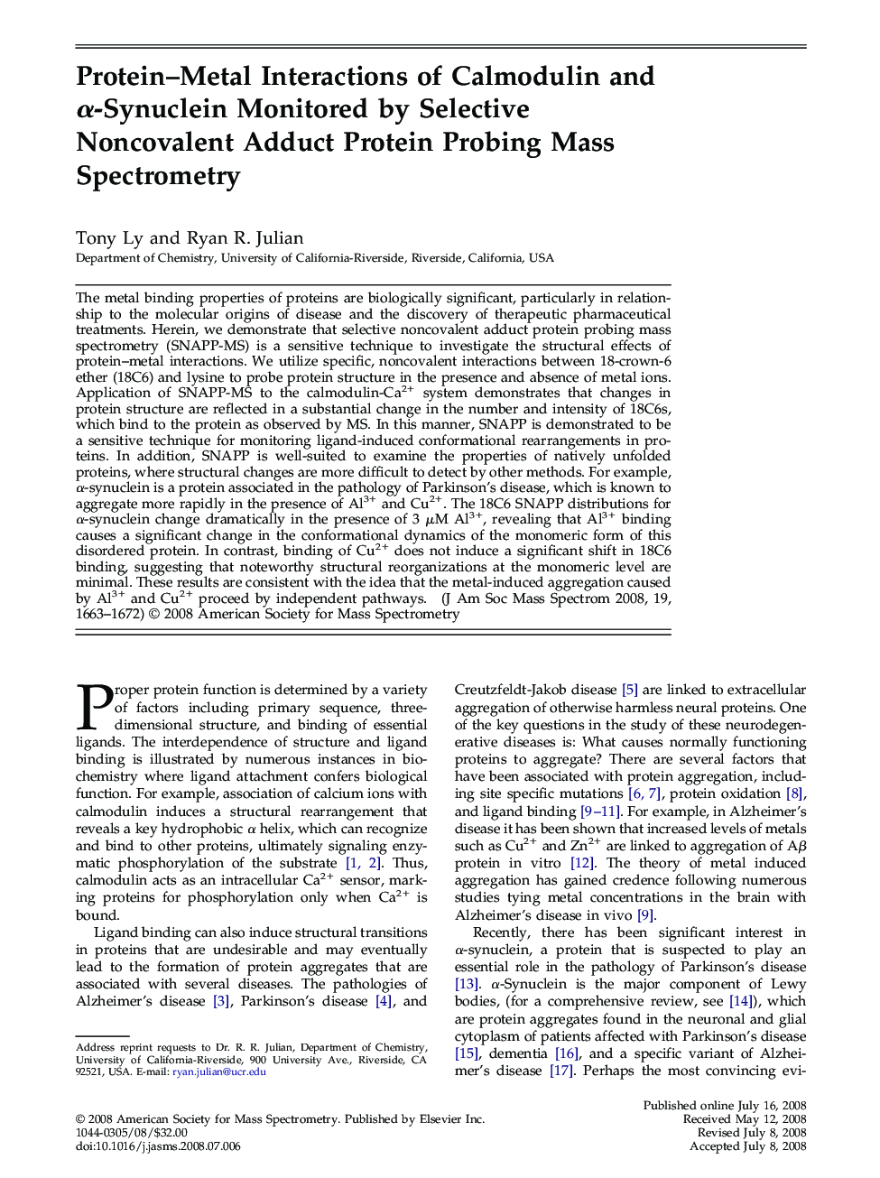 Protein–Metal Interactions of Calmodulin and α-Synuclein Monitored by Selective Noncovalent Adduct Protein Probing Mass Spectrometry 