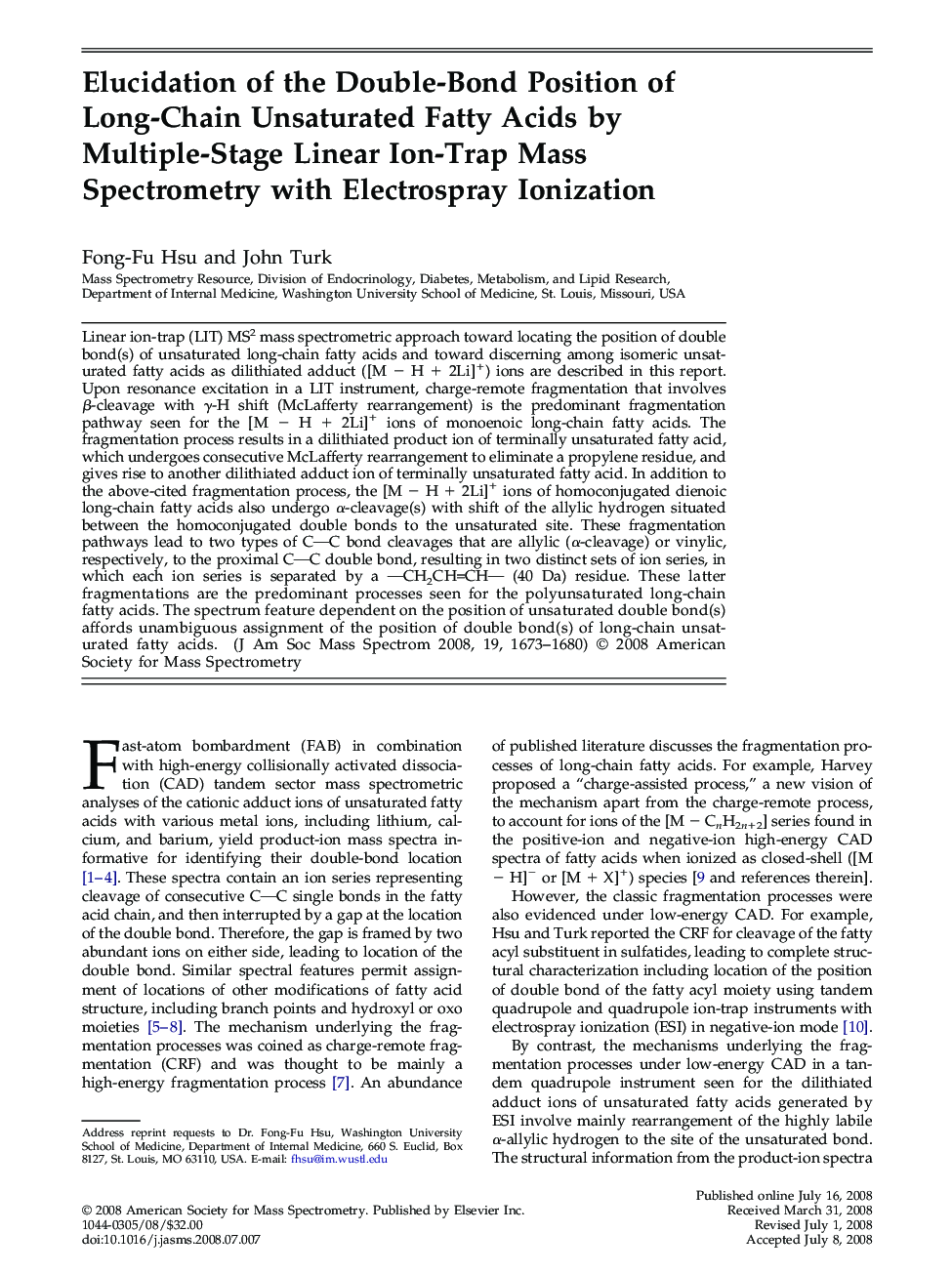 Elucidation of the Double-Bond Position of Long-Chain Unsaturated Fatty Acids by Multiple-Stage Linear Ion-Trap Mass Spectrometry with Electrospray Ionization 