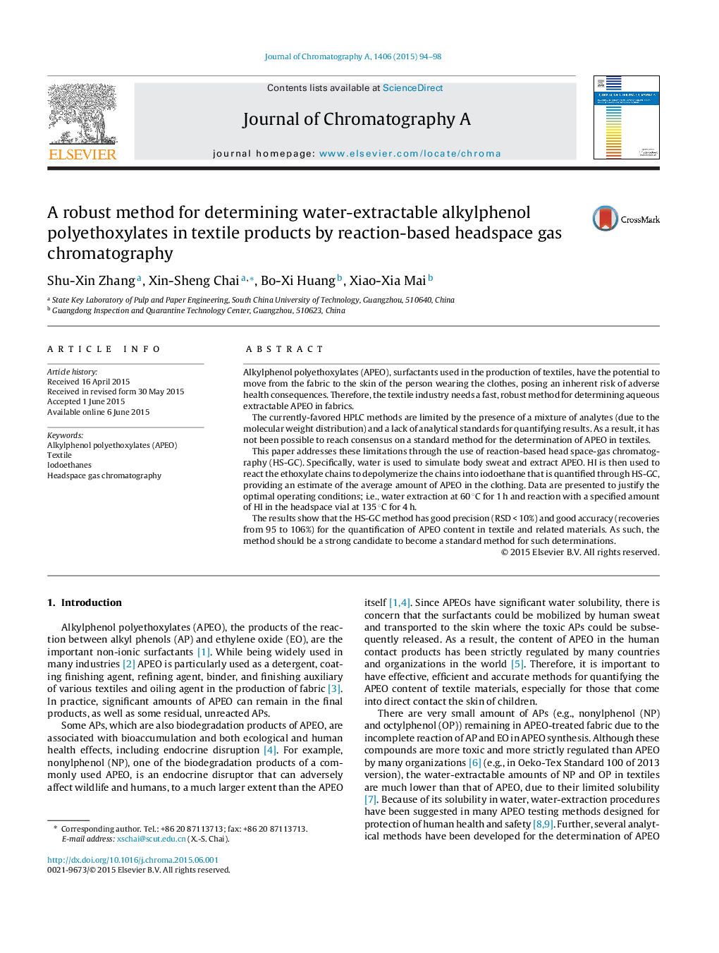 A robust method for determining water-extractable alkylphenol polyethoxylates in textile products by reaction-based headspace gas chromatography