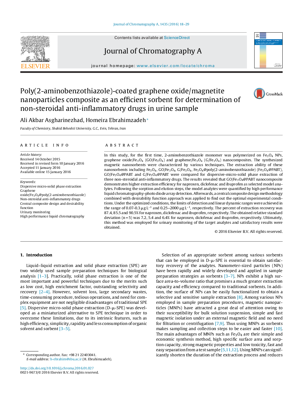 Poly(2-aminobenzothiazole)-coated graphene oxide/magnetite nanoparticles composite as an efficient sorbent for determination of non-steroidal anti-inflammatory drugs in urine sample