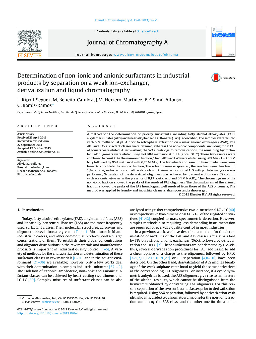 Determination of non-ionic and anionic surfactants in industrial products by separation on a weak ion-exchanger, derivatization and liquid chromatography