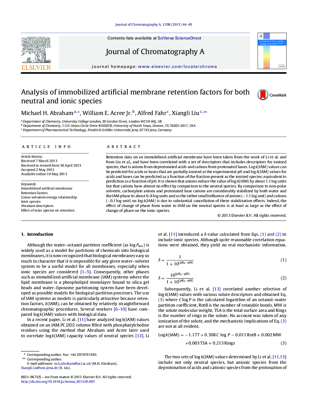 Analysis of immobilized artificial membrane retention factors for both neutral and ionic species