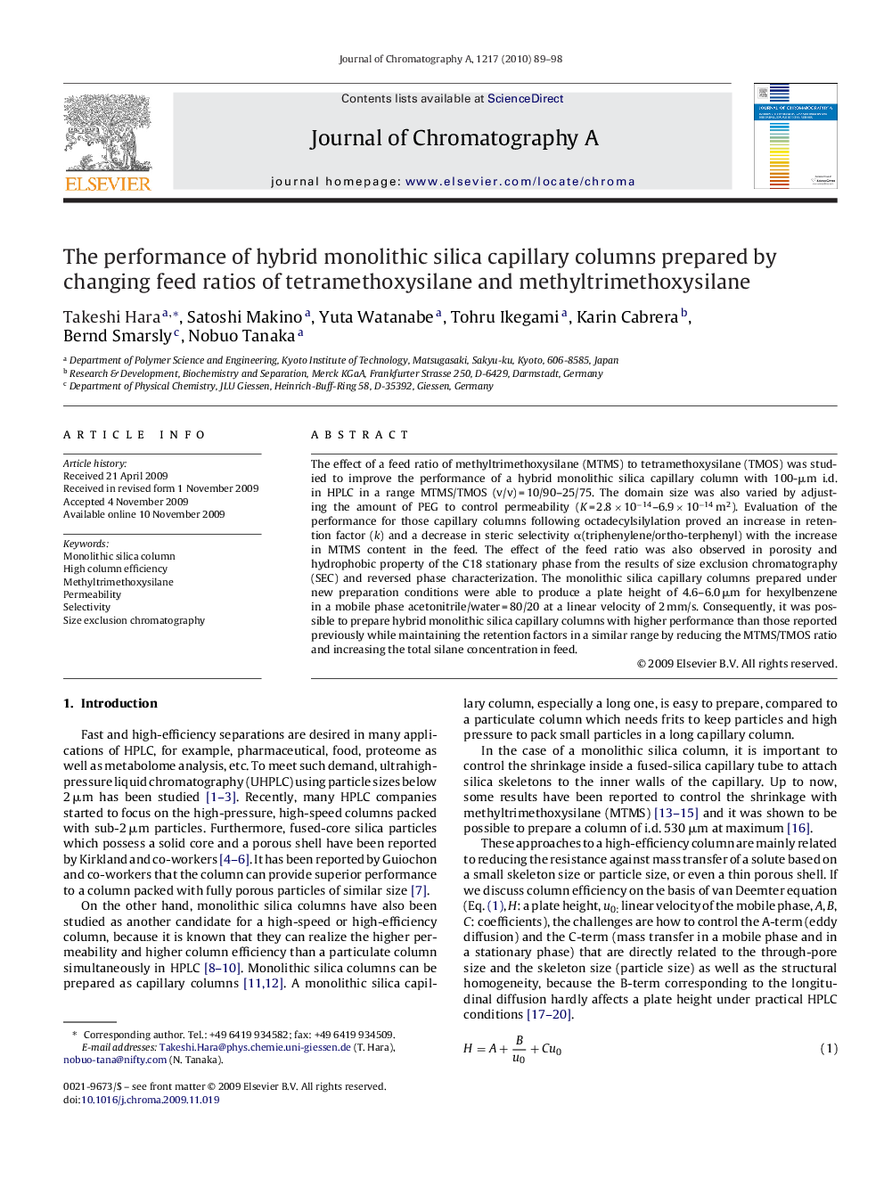 The performance of hybrid monolithic silica capillary columns prepared by changing feed ratios of tetramethoxysilane and methyltrimethoxysilane