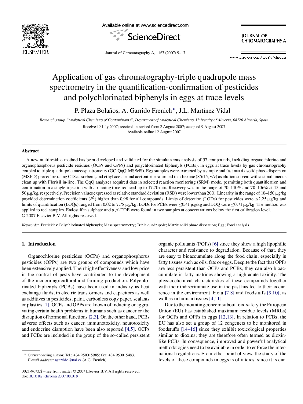 Application of gas chromatography-triple quadrupole mass spectrometry in the quantification-confirmation of pesticides and polychlorinated biphenyls in eggs at trace levels