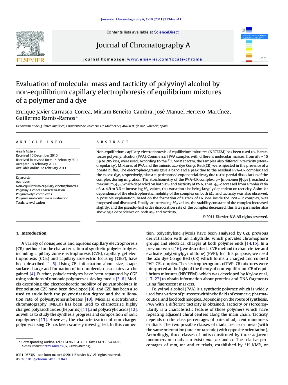 Evaluation of molecular mass and tacticity of polyvinyl alcohol by non-equilibrium capillary electrophoresis of equilibrium mixtures of a polymer and a dye
