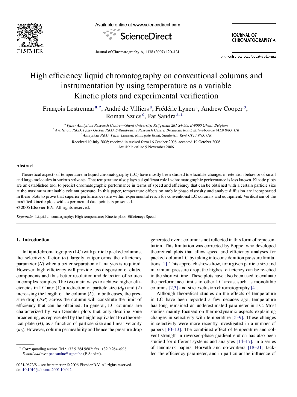 High efficiency liquid chromatography on conventional columns and instrumentation by using temperature as a variable: Kinetic plots and experimental verification