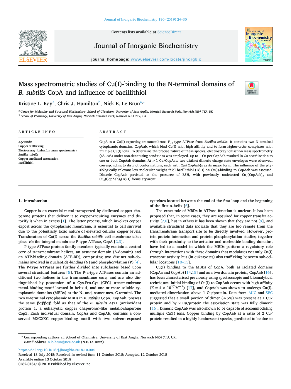 Mass spectrometric studies of Cu(I)-binding to the N-terminal domains of B. subtilis CopA and influence of bacillithiol