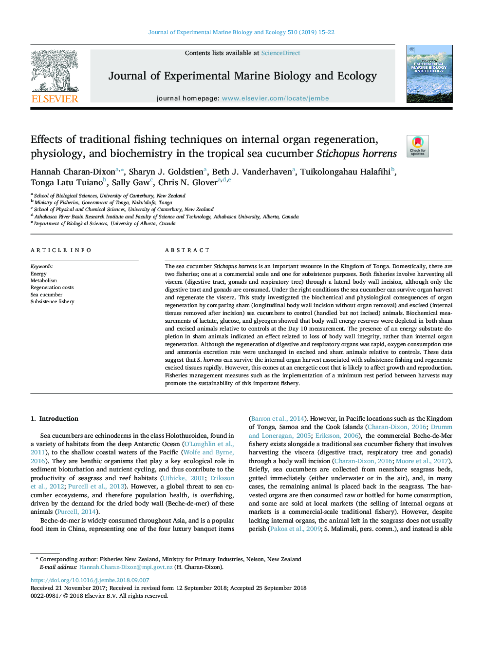 Effects of traditional fishing techniques on internal organ regeneration, physiology, and biochemistry in the tropical sea cucumber Stichopus horrens