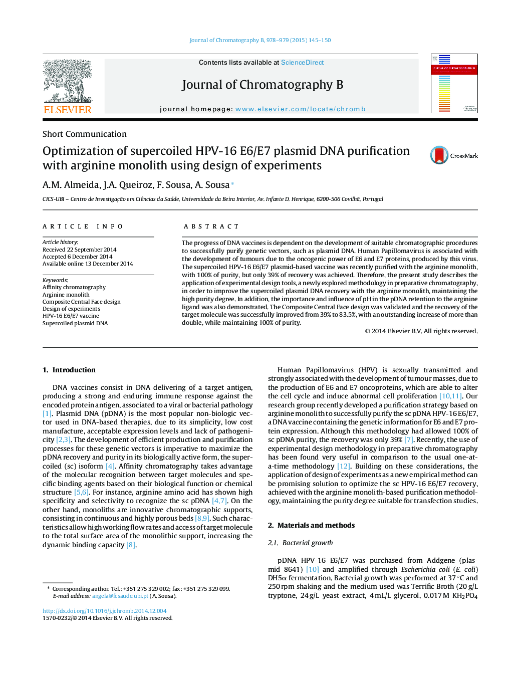 Optimization of supercoiled HPV-16 E6/E7 plasmid DNA purification with arginine monolith using design of experiments