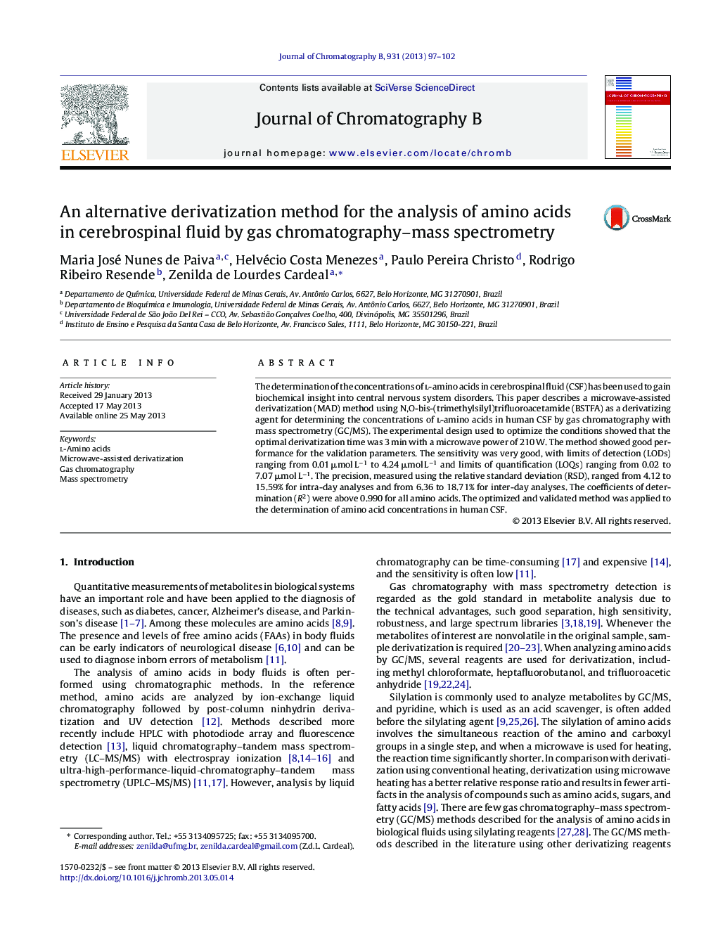 An alternative derivatization method for the analysis of amino acids in cerebrospinal fluid by gas chromatography–mass spectrometry