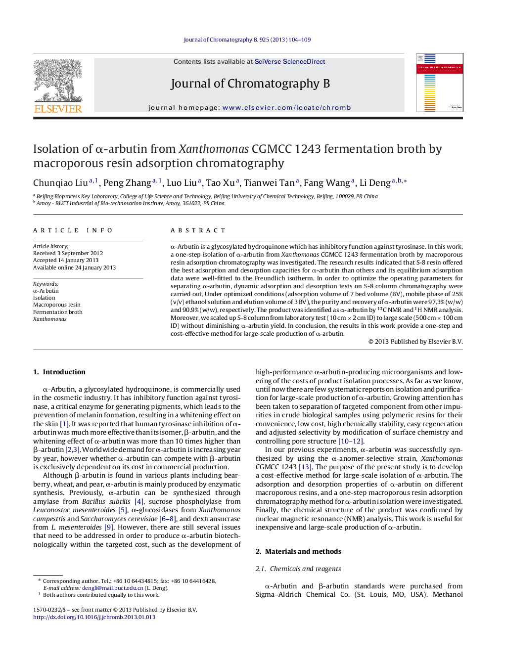 Isolation of α-arbutin from Xanthomonas CGMCC 1243 fermentation broth by macroporous resin adsorption chromatography